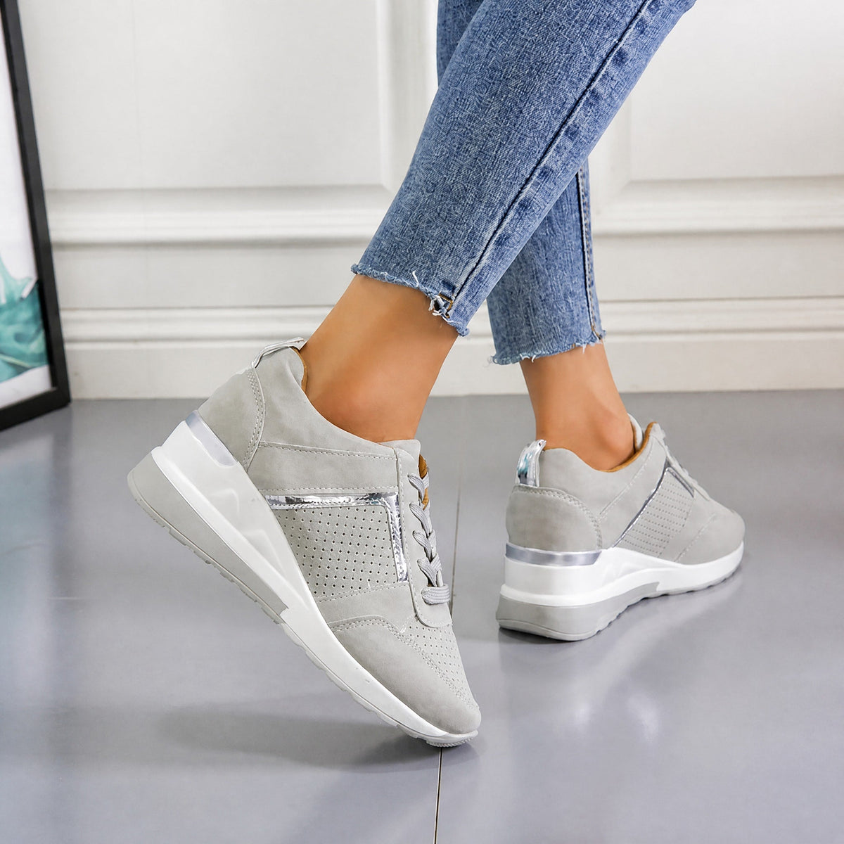 Wiktoria - Women's Orthopedic Wedge Sneakers with Perforated Panels - Sneakers - Gray - Parker&Brooks