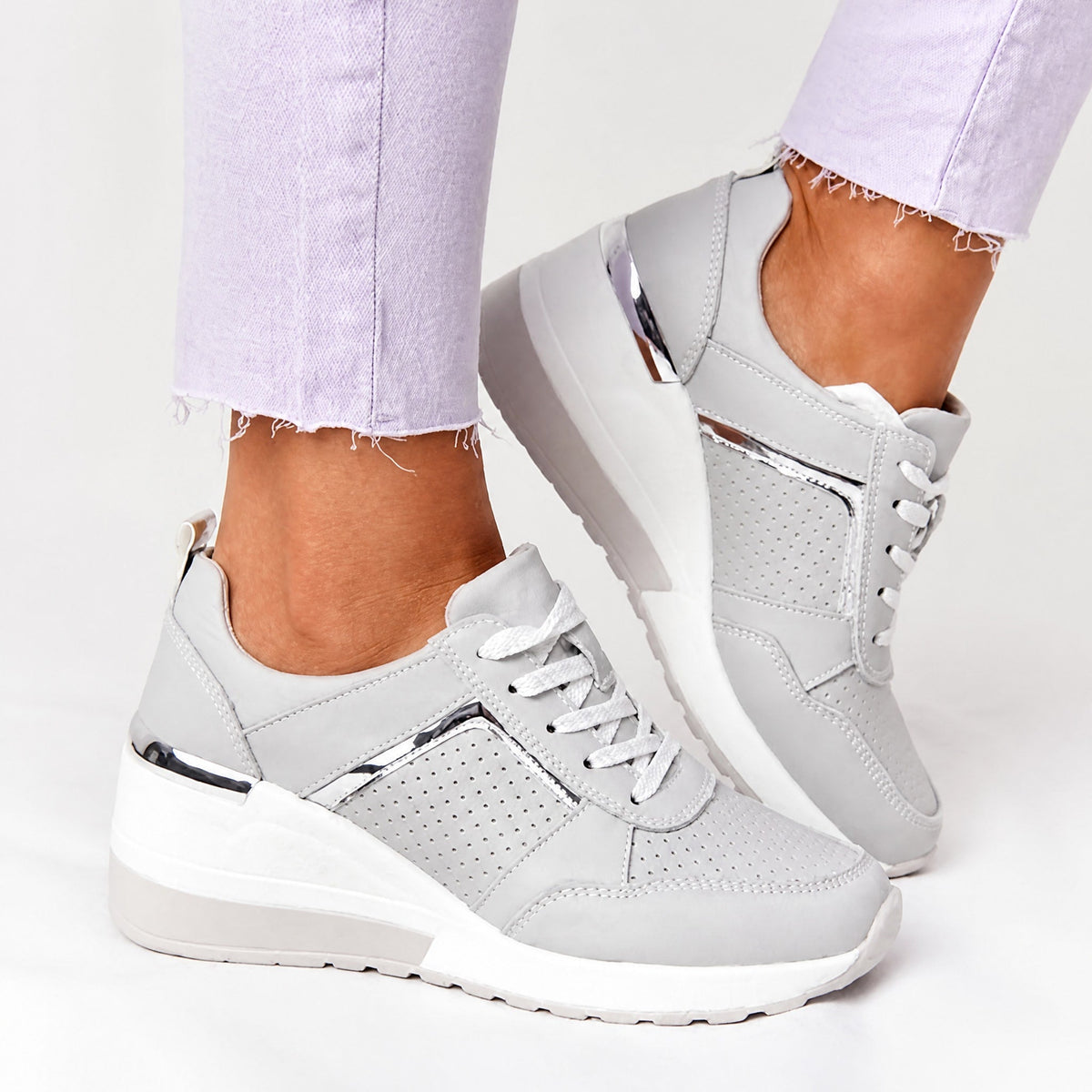 Wiktoria - Women's Orthopedic Wedge Sneakers with Perforated Panels - Sneakers - Gray - Parker&Brooks