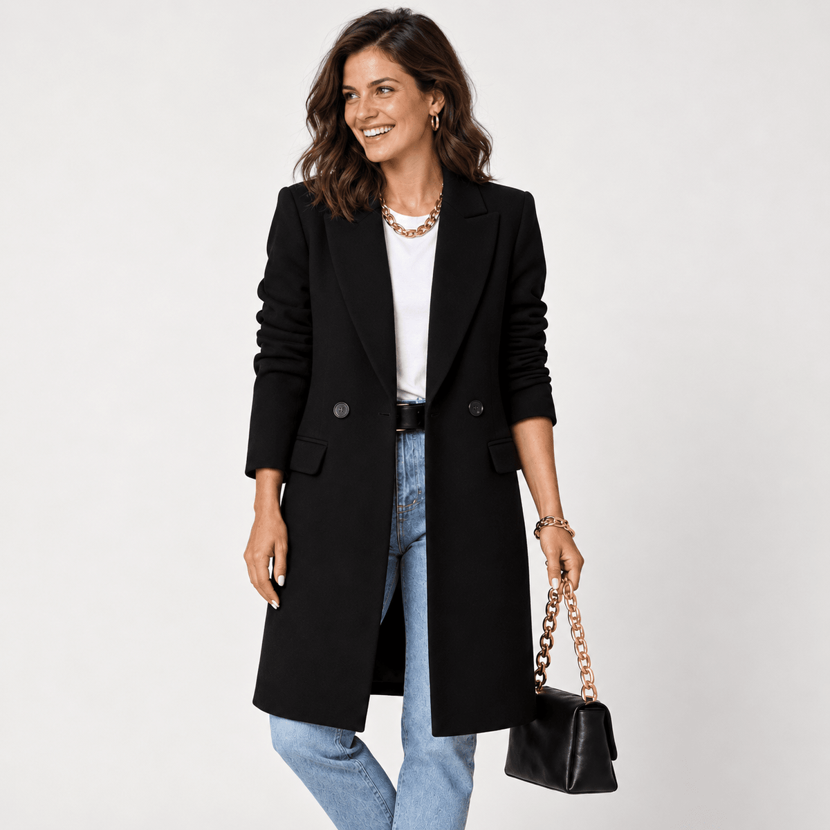Wiktoria - Women's Tailored Double-Breasted Longline Overcoat with Notched Lapel - Overcoats - Black - Sarvento