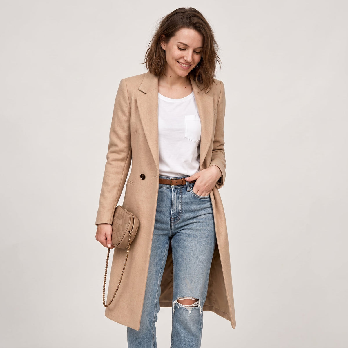 Wiktoria - Women's Tailored Double-Breasted Longline Overcoat with Notched Lapel - Overcoats - Beige - Sarvento