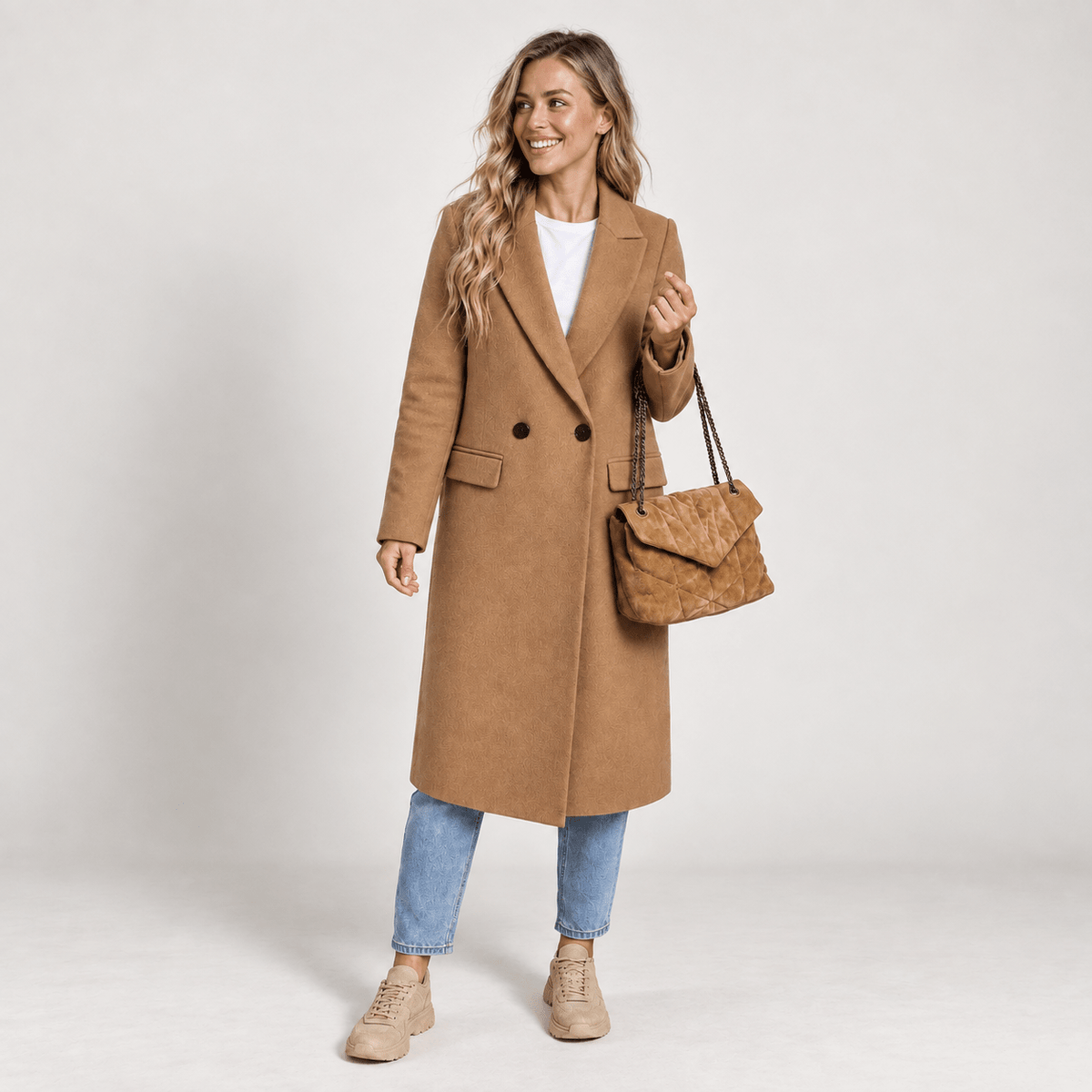 Wiktoria - Women's Tailored Double-Breasted Longline Overcoat with Notched Lapel - Overcoats - Brown - Parker&Brooks