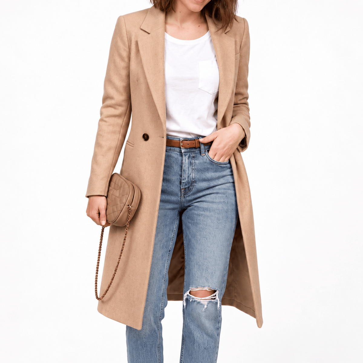 Wiktoria - Women's Tailored Double-Breasted Longline Overcoat with Notched Lapel - Overcoats - Beige - Sarvento