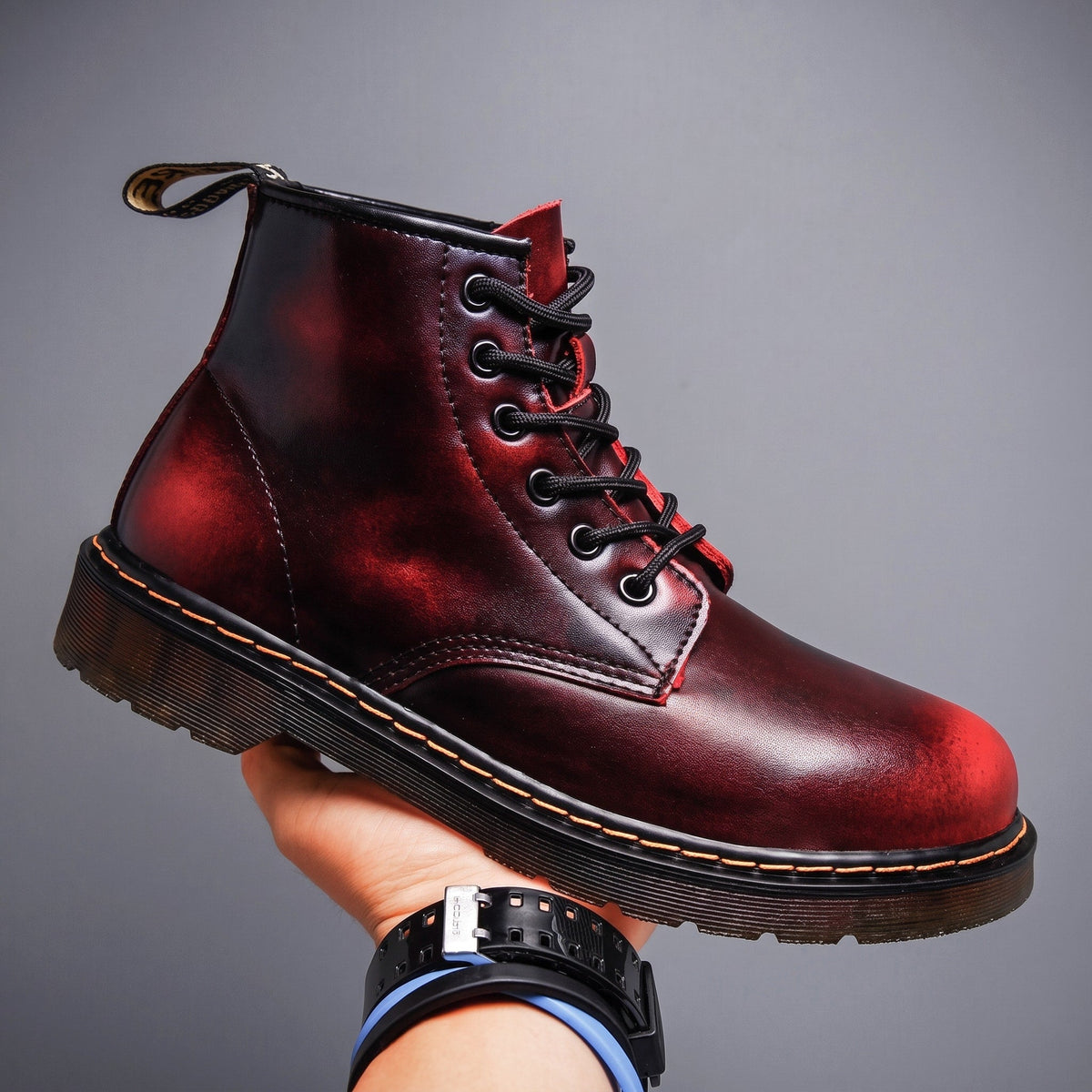 Winston - Men's Lace-Up Ankle Boots with Stitched Sole Detail - Boots - Red - Sarvento