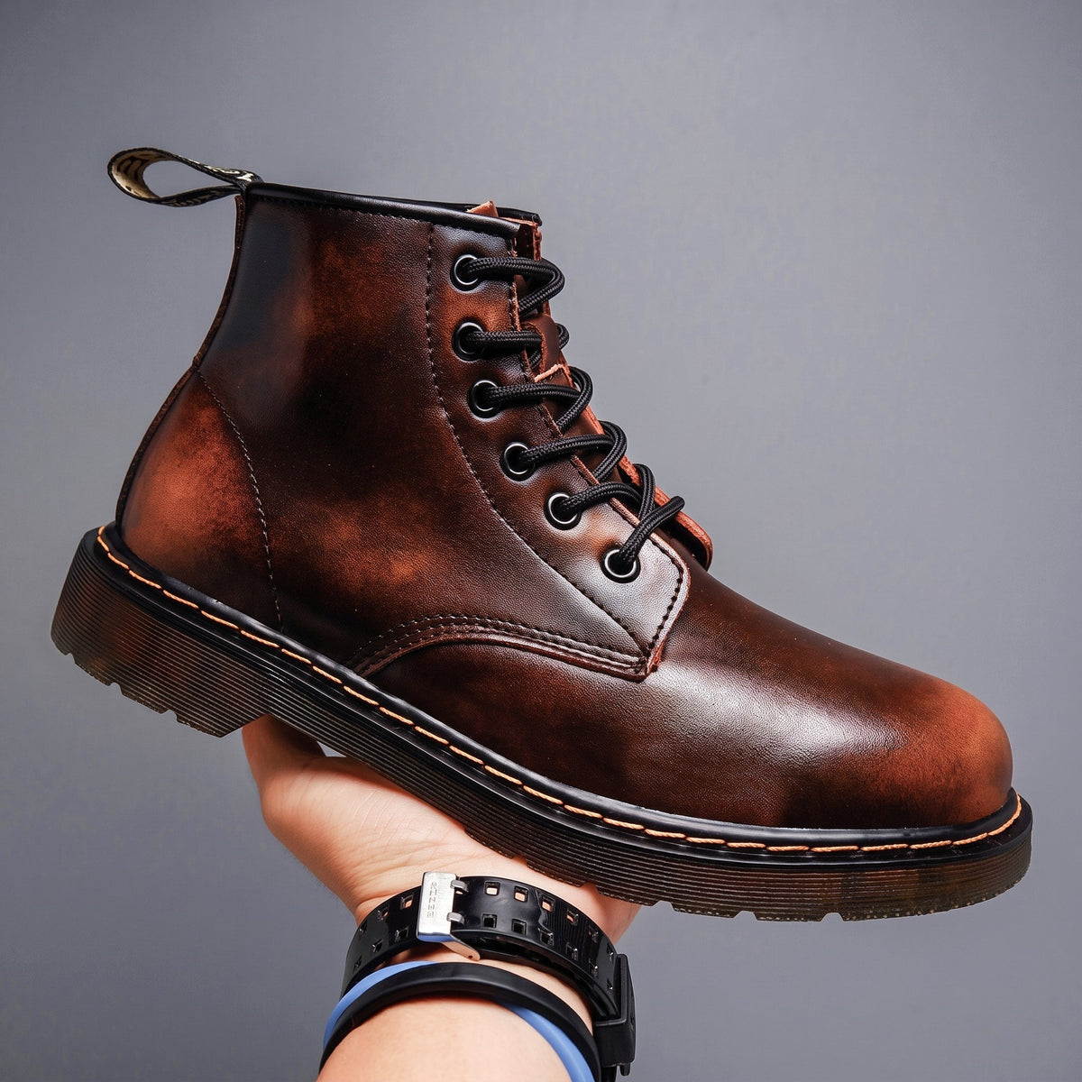 Winston - Men's Lace-Up Ankle Boots with Stitched Sole Detail - Boots - Brown - Sarvento