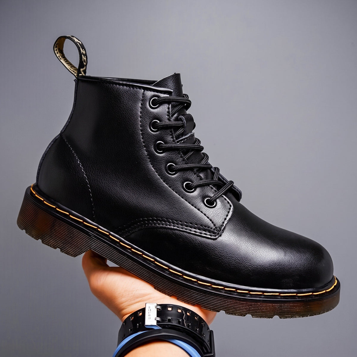 Winston - Men's Lace-Up Ankle Boots with Stitched Sole Detail - Boots - Black - Sarvento