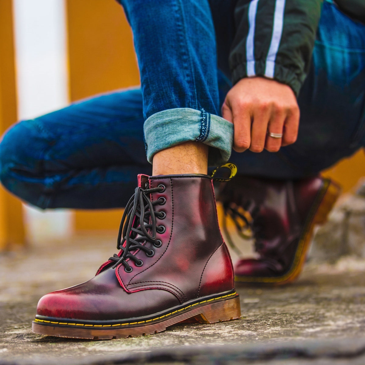 Winston - Men's Lace-Up Ankle Boots with Stitched Sole Detail - Boots - Red - Sarvento