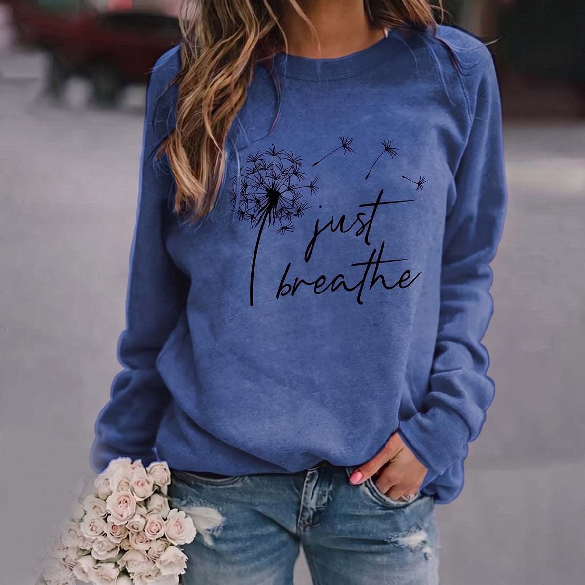 Yarely - Women's Dandelion Print Crew Neck Sweatshirt - Sweatshirts - Blue - Parker&Brooks