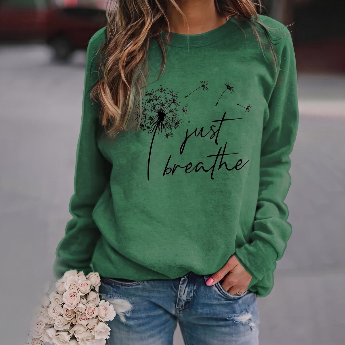 Yarely - Women's Dandelion Print Crew Neck Sweatshirt - Sweatshirts - Green - Parker&Brooks