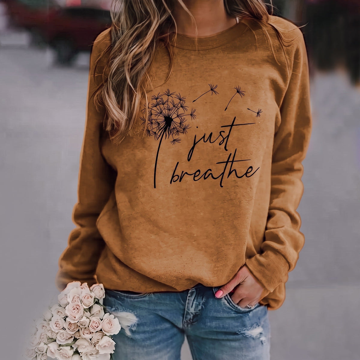 Yarely - Women's Dandelion Print Crew Neck Sweatshirt - Sweatshirts - Brown - Parker&Brooks