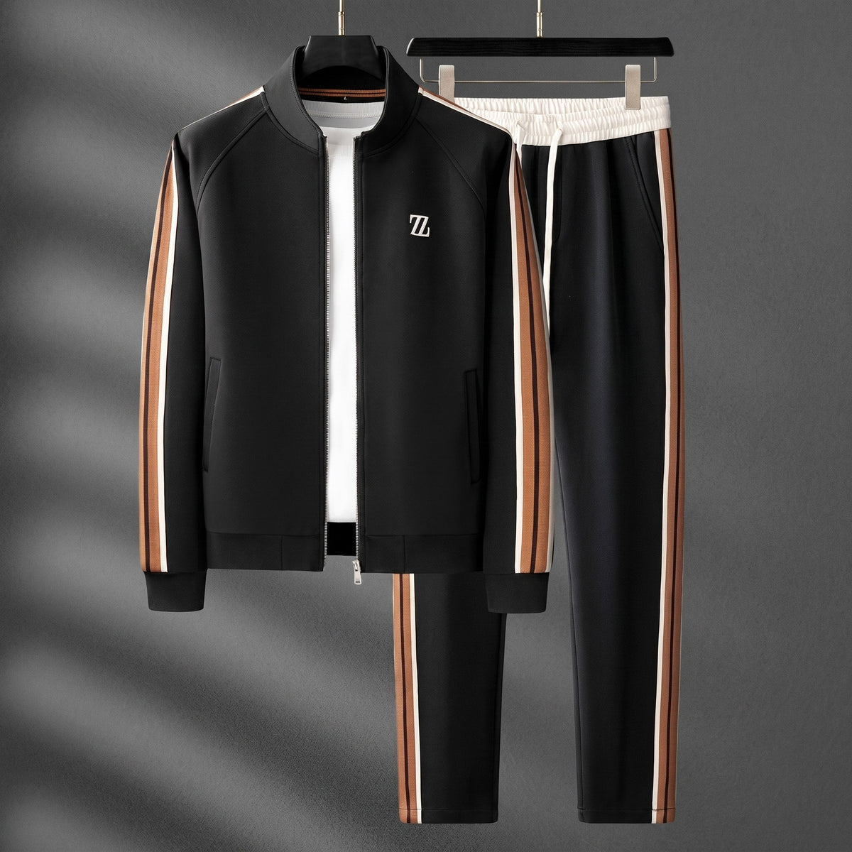 Zane - Men's Two-Piece Zip-Up Tracksuit Set with Contrast Stripes - Black - Parker&Brooks
