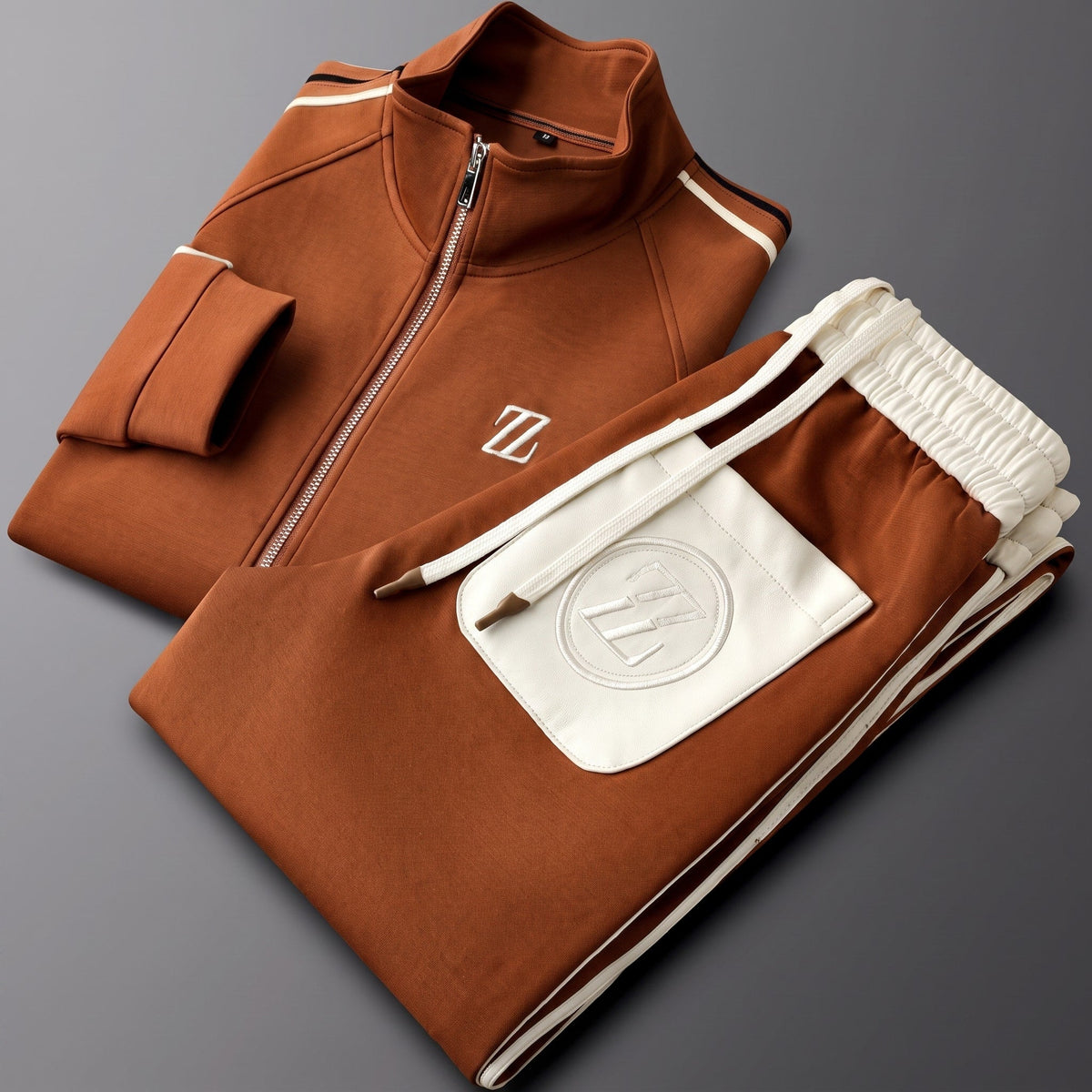 Zane - Men's Two-Piece Zip-Up Tracksuit Set with Contrast Stripes - Brown - Parker&Brooks