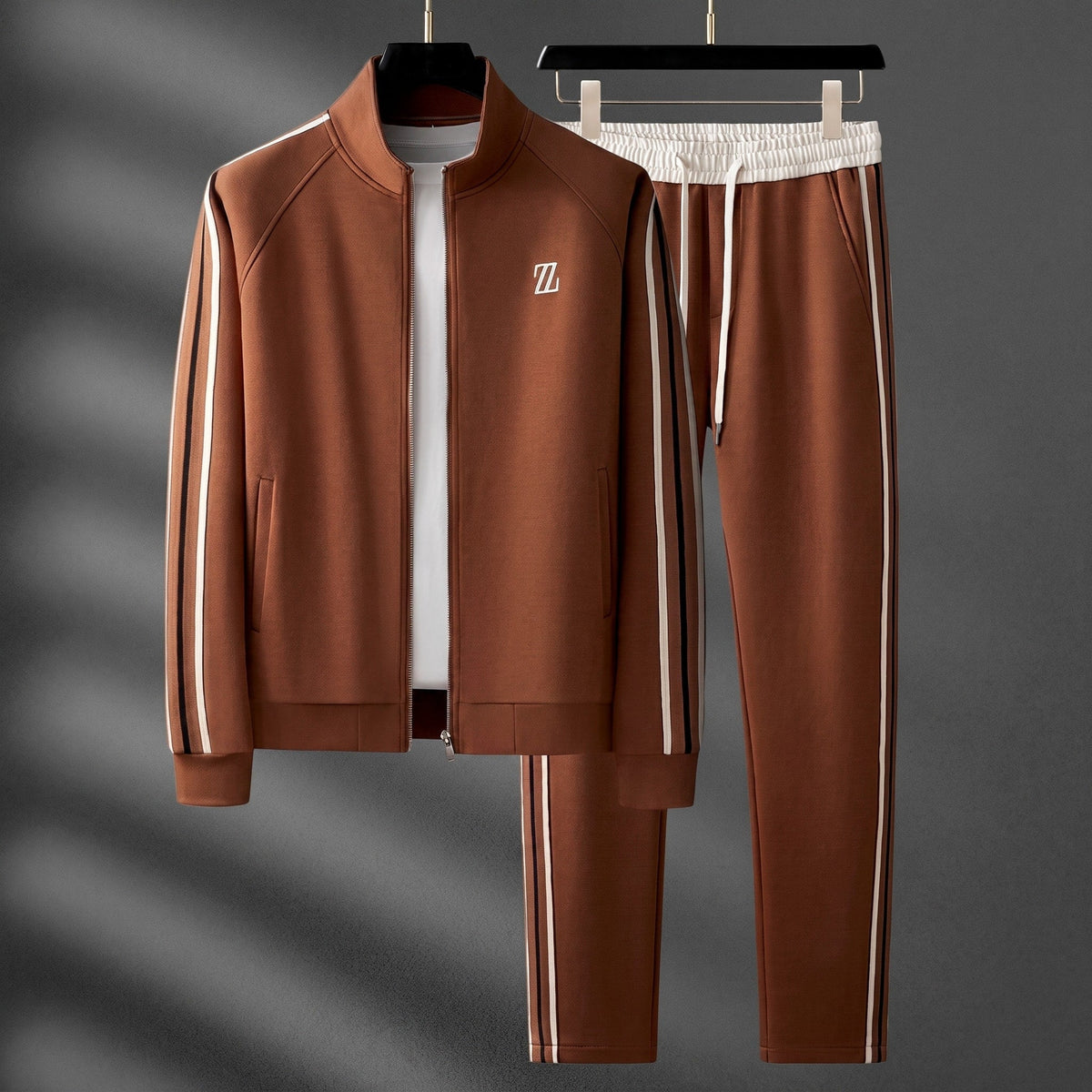 Zane - Men's Two-Piece Zip-Up Tracksuit Set with Contrast Stripes - Brown - Parker&Brooks