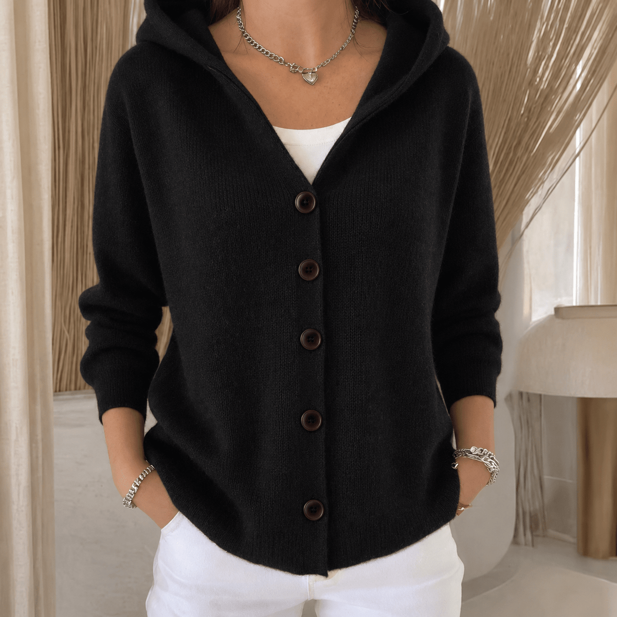 Zoe - Women's Hooded Button-Up Knit Cardigan - Cardigans - Black - Sarvento