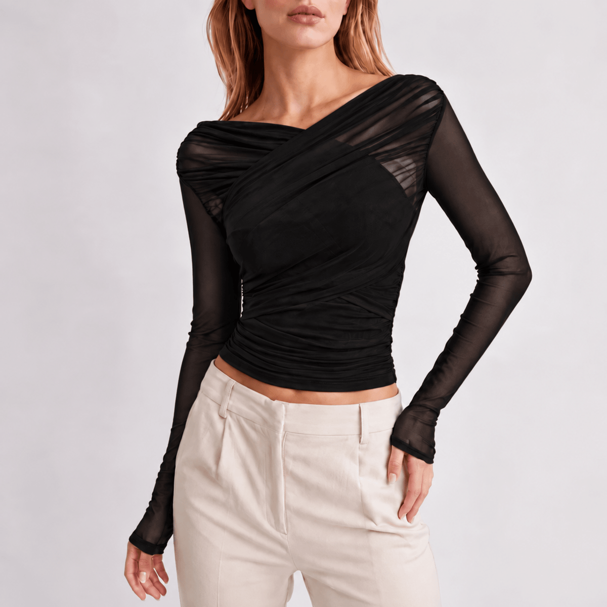 Zoe - Women's Sheer Ruched Long Sleeve Top with Wrap Neckline - Blouses - Black - Parker&Brooks