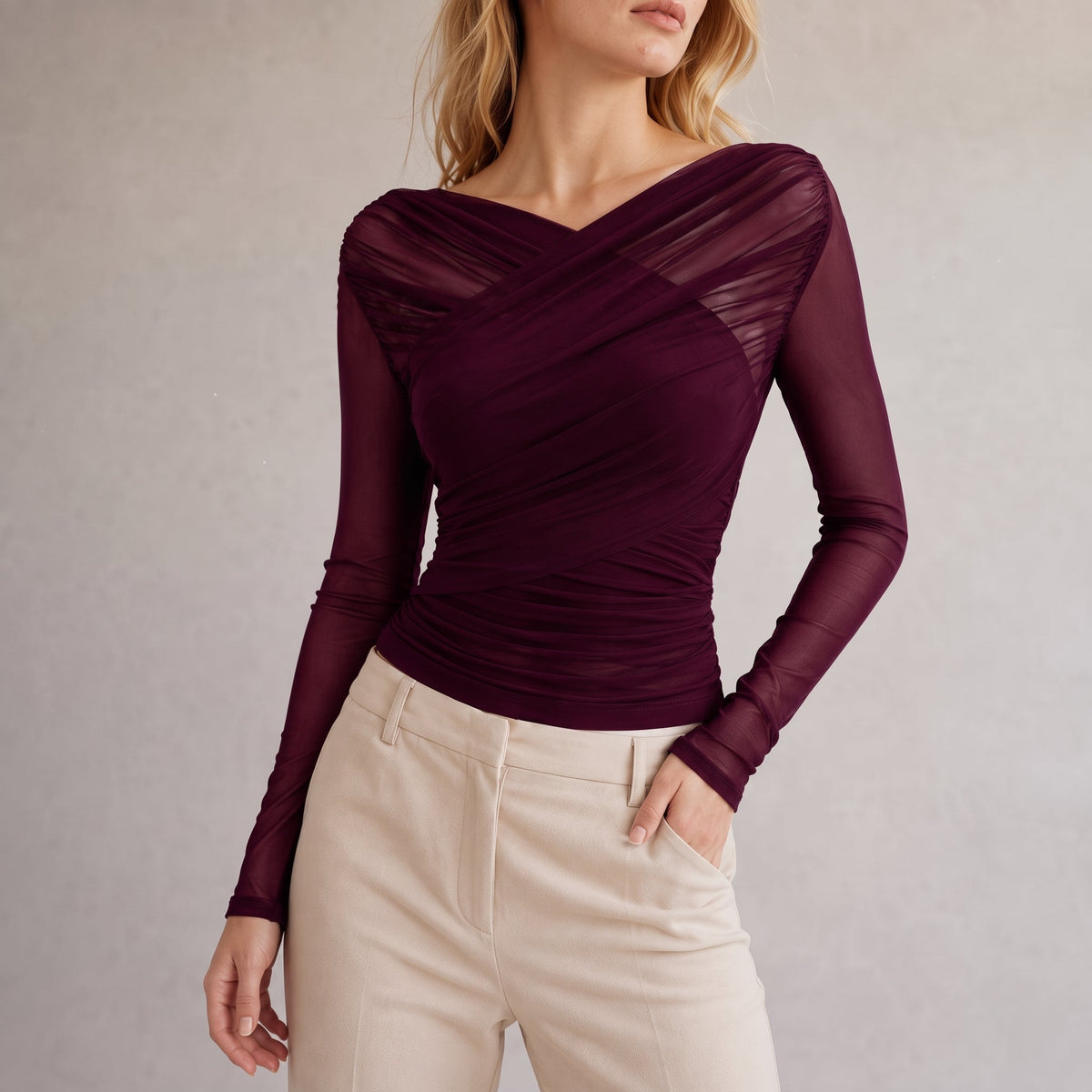 Zoe - Women's Sheer Ruched Long Sleeve Top with Wrap Neckline - Blouses - Burgundy - Parker&Brooks